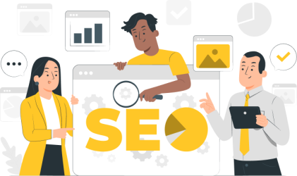 Ilustración de 3 personas trabajando en el SEO de una página web.