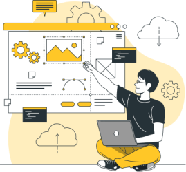 Ilustración de hombre sentado con su pc y arreglando y modificando elementos de una páginas web.
