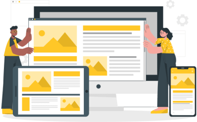 Ilustración de dos personas colocando la estructura de una web sobre diferentes dispositivos.