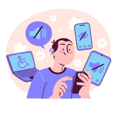 Ilustración de un hombre con un movil y pantallas diferentes a su alrededor con suimbolos de sonido, silla de rueda, etc