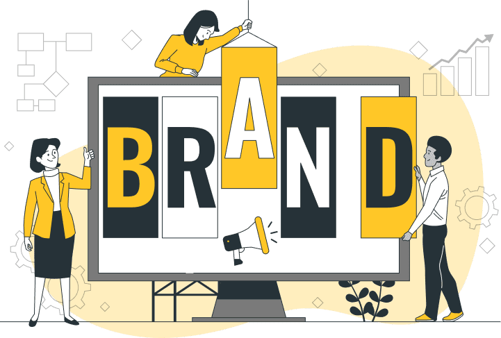 Ilustración personas colocando letras sobre un ordenador que forman la palabra inglesa "Brand"