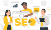 Ilustración de 3 personas trabajando en el SEO de una página web.