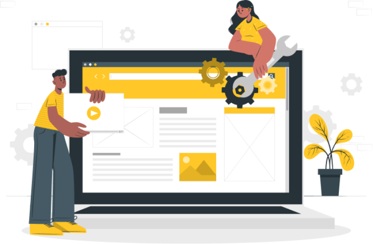 Ilustración de una mujer y un hombre haciendo tareas de mantenimiento de una página web