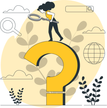 Ilustración de una mujer con una lupa sobre un signo de interrogación