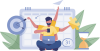 Ilustración de un hombre con barba haciendo varias tareas a la vez, con varios brazos, sobre un calendario, trabajando con su ordenador mientras toma café, manda mensajes y juega a los dardos