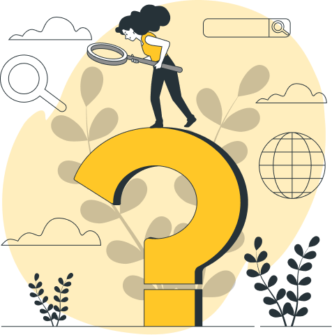 Ilustración de una mujer con una lupa sobre un signo de interrogación