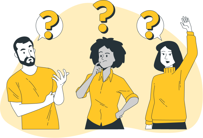 Ilustración de tres personas preguntando algo, aparecen sobre ellas signos de interrogación