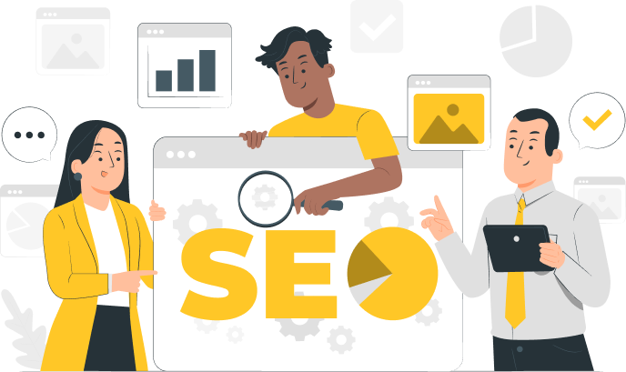 Ilustración de 3 personas trabajando en el SEO de una página web.