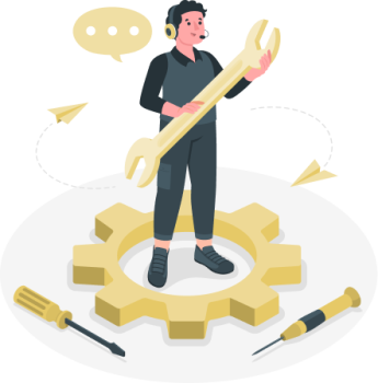 Ilustración de un técnico manteniendo una conversación a través de sus cascos con microfono. Hay herramientas y piezas por el suelo