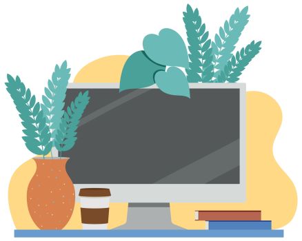 Ilustración de un ordenador en una mesa de escritorio rodeado de plantas y libros