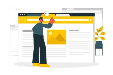 Ilustración de un hombre manejando diferentes pantallas web