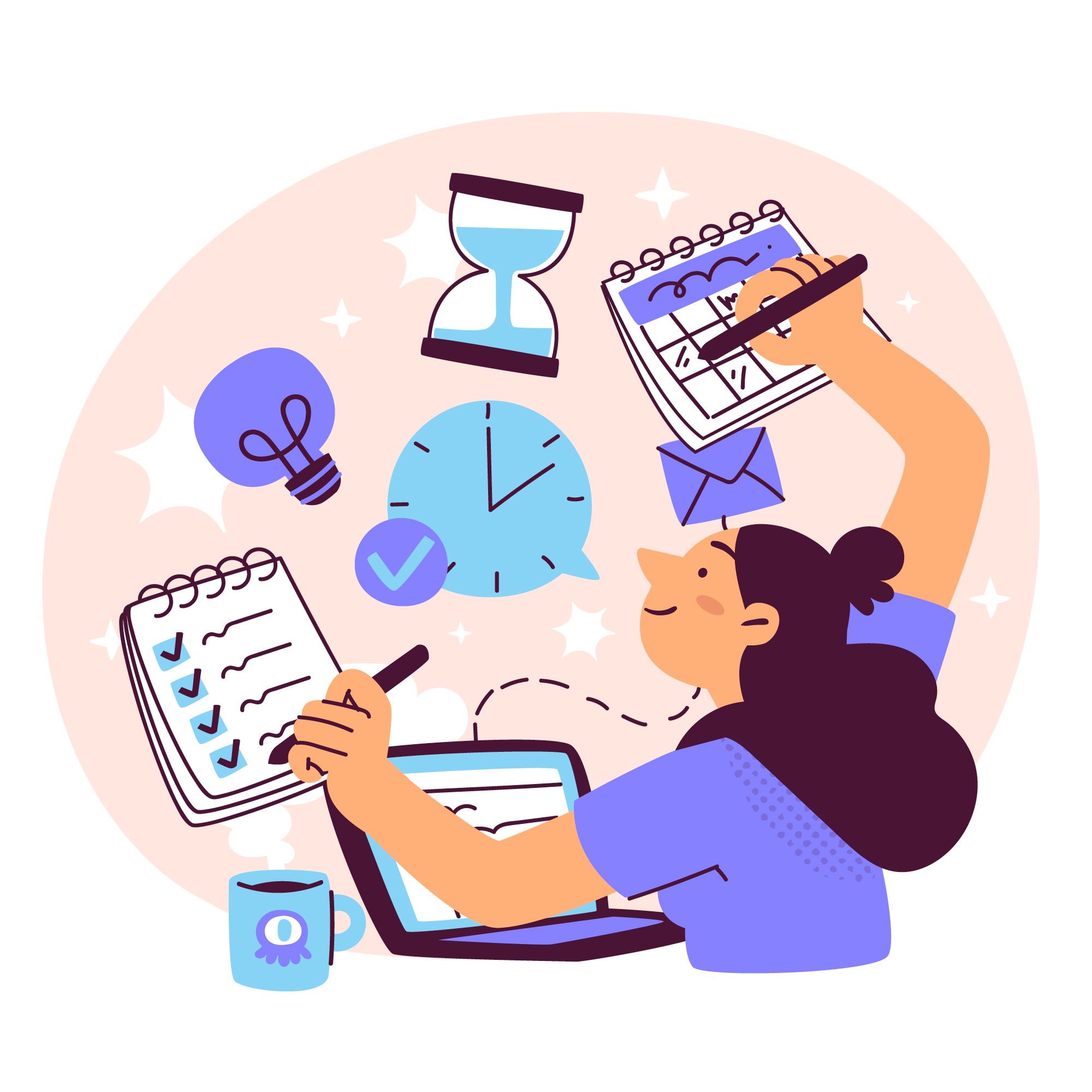 Ilustración de una mujer apuntando en una libreta y en un calendario, rodeada de elementos como un portatil, un reloj, una bombilla, etc