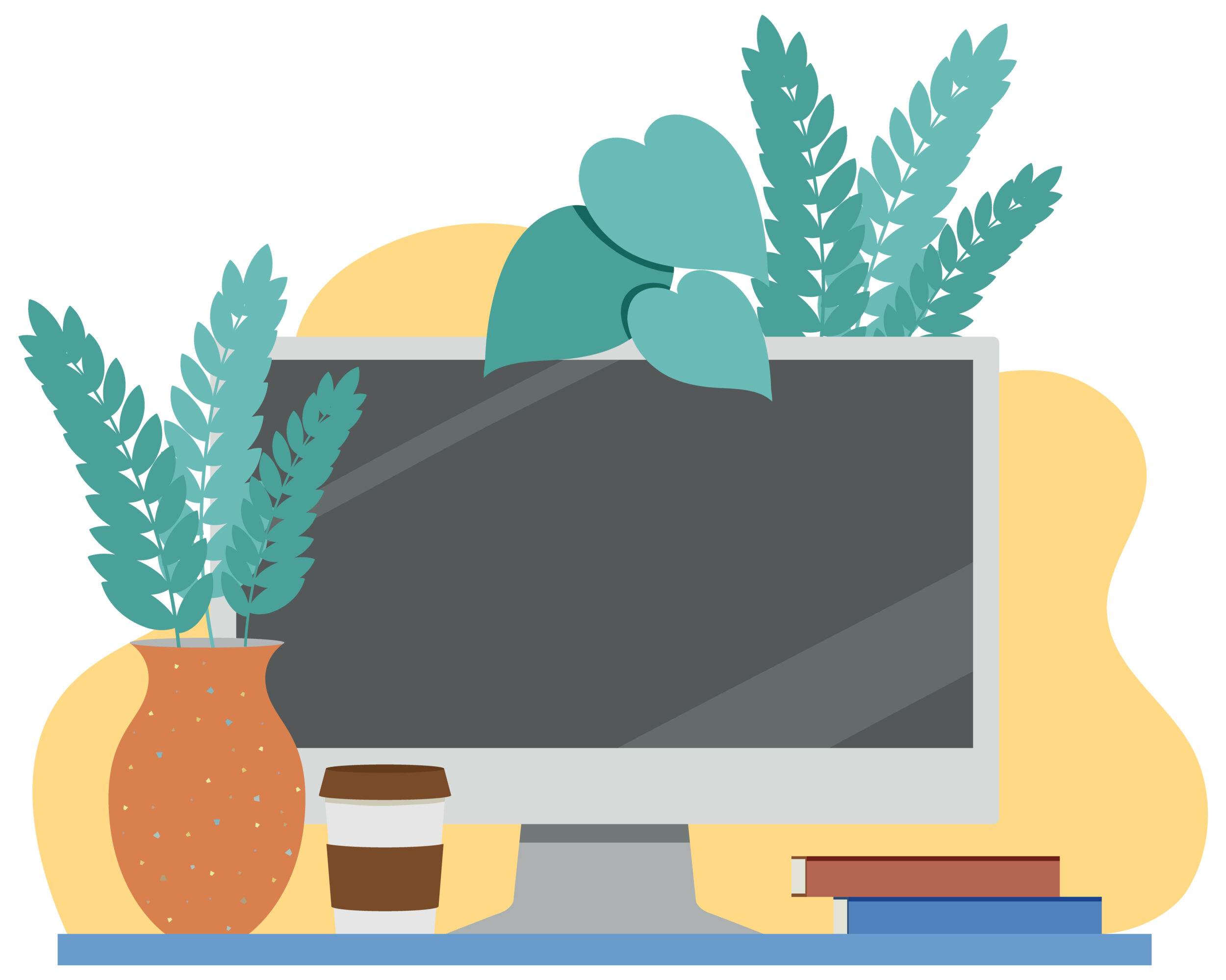 Ilustración de un ordenador en una mesa de escritorio rodeado de plantas y libros