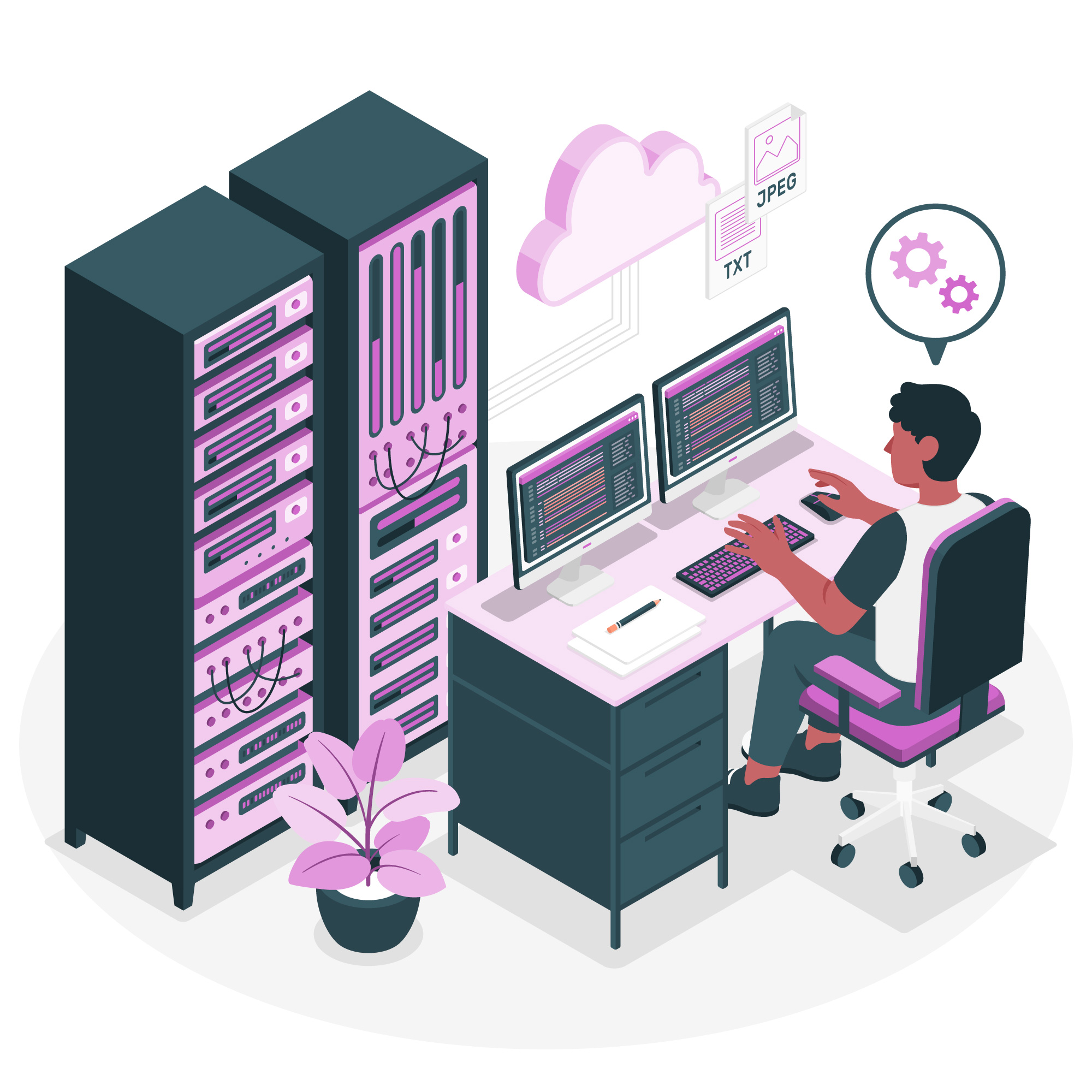 Ilustración de un informatico en un escritorio con dos pantallas de ordenador y dos servidores al lado
