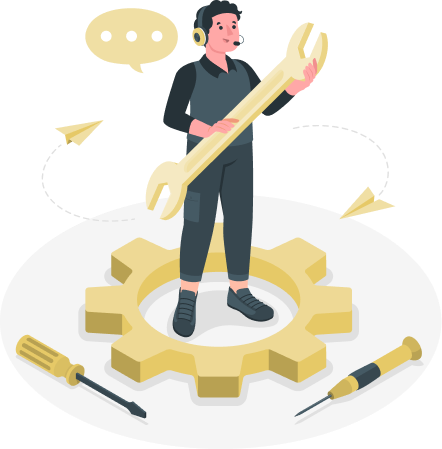 Ilustración de un técnico manteniendo una conversación a través de sus cascos con microfono. Hay herramientas y piezas por el suelo