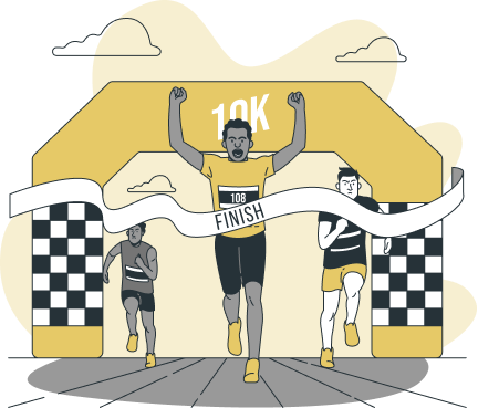 Ilustración de un hombre corriendo un maratón de 1o km que llega a la meta, y dos hombres corriendo por detrás.