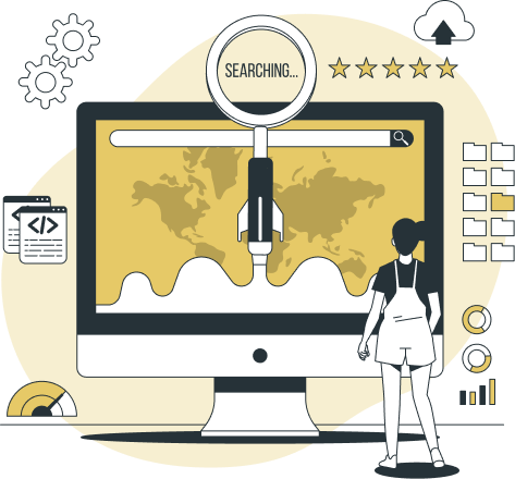 Ilustración de una mujer que observa una pantalla de ordenador donde se observa una búsqueda, una lupa, una valoración positiva de estrellas y otros elementos relacionados con el SEO y la búsqueda en internet