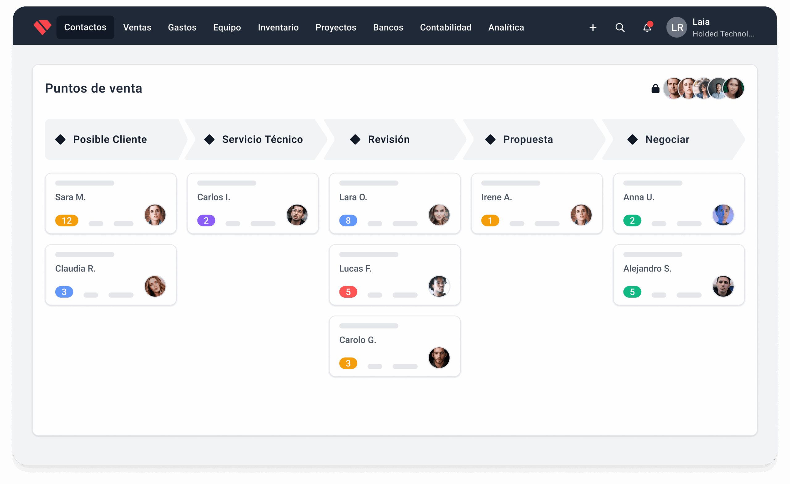 Pantalla de puntos de venta de Holded, con clientes distribuidos segun el servicio