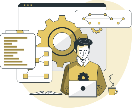 Ilustración de un hombre delante de su portátil trabajando con elementos técnicos, con un café y un libro a cada lado