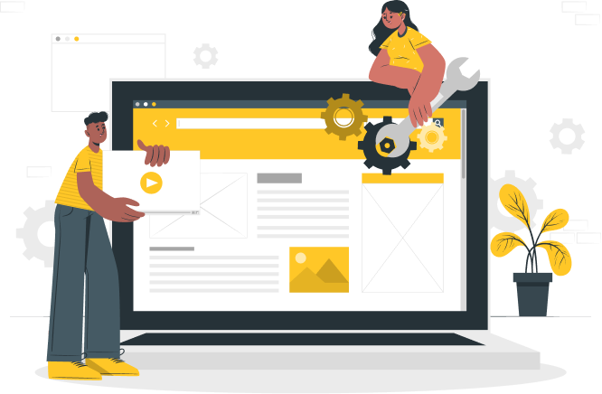 Ilustración de una mujer y un hombre haciendo tareas de mantenimiento de una página web