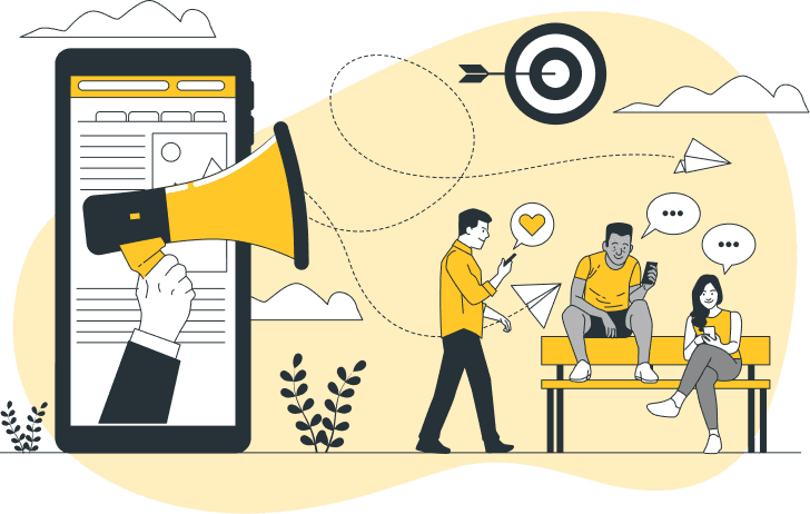 Ilustración personas colocando letras sobre un ordenador que forman la palabra inglesa "Brand"