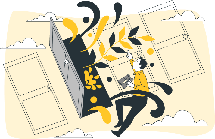 Ilustración de un hombre flotando en el cielo frente a 4 puertas, 3 de ellas cerradas y una abierta donde salen elementos florales de color amarillo y negro. El hombre sostiene unos prismáticos en su mano ozquierda