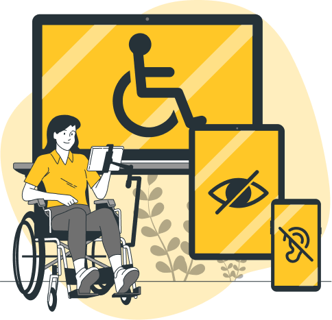 Ilustración de una mujer en silla de ruedas, con una pantalla, de fondo se ven tres pantalla, una de ordenador, otra de tablet y otra de móvil donde se ven iconos de silla de ruedas, un ojo tachado