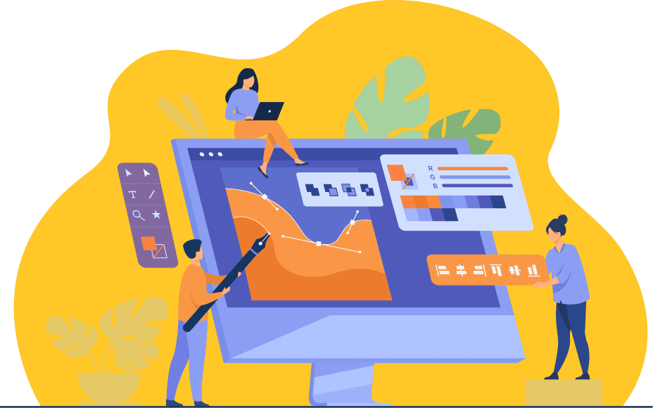 Ilustración de 3 personas trabajando en un ordenador elementos de diseño gráfico