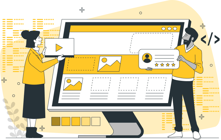 Ilustración de dos personas manejando los elementos de diseño de una página web