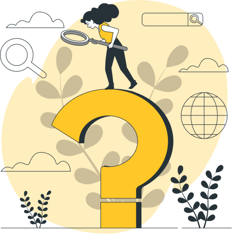 Ilustración de una mujer con una lupa sobre un signo de interrogación