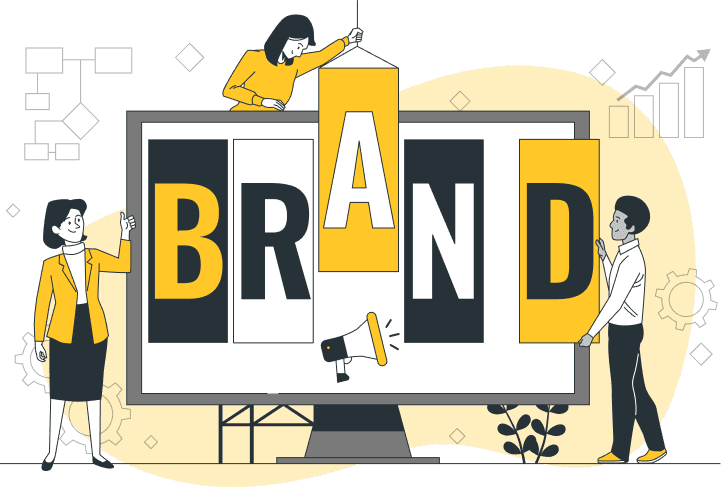 Ilustración personas colocando letras sobre un ordenador que forman la palabra inglesa "Brand"