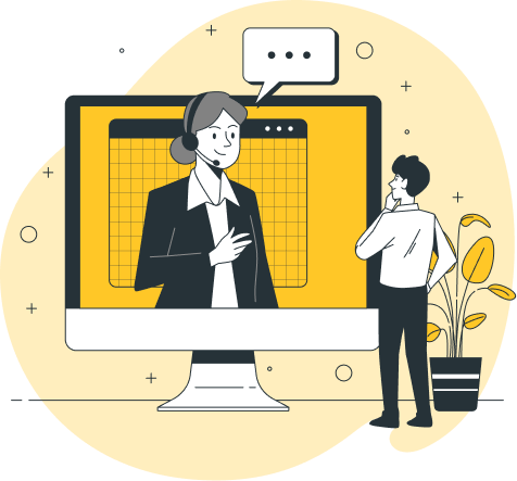 Ilustración de una conversación por videollamada entre un hombre vestido de traje con una mujer vestida de traje con unos cascos con microfono.