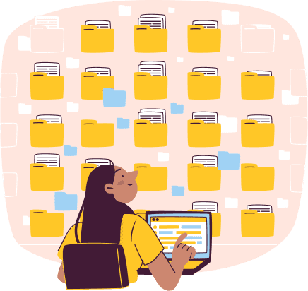 Ilustración de una mujer mirando un conjunto de carpetas a través de su portátil