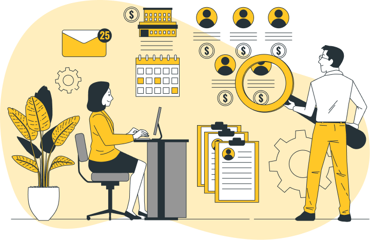 Ilustración de una mujer sentada en un escritorio con un ordenador y un hombre con una lupa revisando nóminas