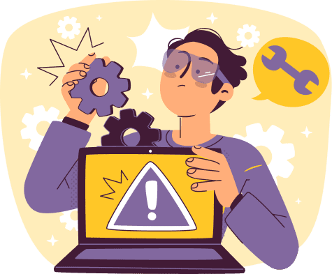 Ilustración de hombre con gafas de protección arreglando un portátil en el que hay una aviso.