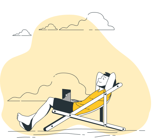 Ilustración de un hombre relajado en una silla de playa reclinada hacia atrás, con un portátil encima