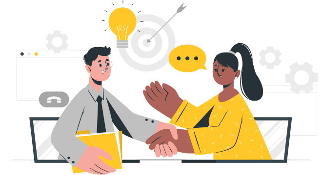 Ilustración de una mujer y un hombre dándose la mano en señal de acuerdo.