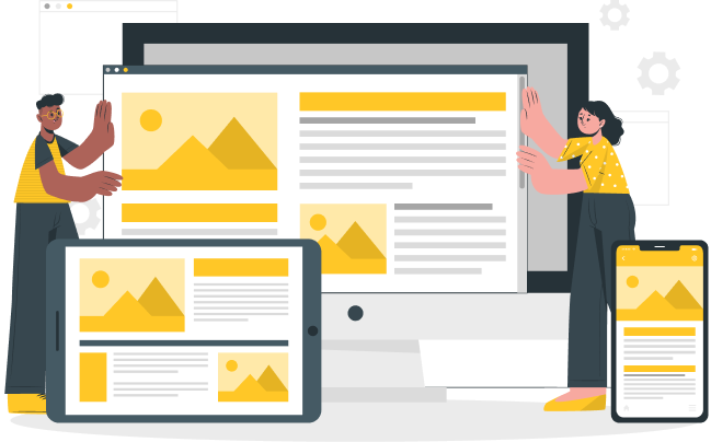 Ilustración de un hombre y una mujer manejando diferentes tamaños de pantalla de una misma web