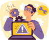 Ilustración de hombre con gafas de protección arreglando un portátil en el que hay una aviso.
