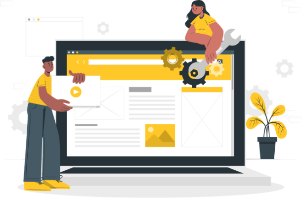 Ilustración de una mujer y un hombre haciendo tareas de mantenimiento de una página web