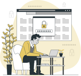 Ilustración de un hombre trajeado en un sillón tecleando su contraseña en su portátil que esta situado en una mesita de café