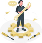 Ilustración de un técnico manteniendo una conversación a través de sus cascos con microfono. Hay herramientas y piezas por el suelo