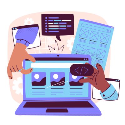 Ilustración de un portátil con varias pantallas de fondo relativas a estructura de una página wb, esta siendo editada por dos manos flotantes
