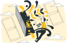 Ilustración de un hombre flotando en el cielo frente a 4 puertas, 3 de ellas cerradas y una abierta donde salen elementos florales de color amarillo y negro. El hombre sostiene unos prismáticos en su mano ozquierda