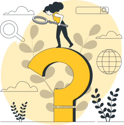 Ilustración de una mujer con una lupa sobre un signo de interrogación