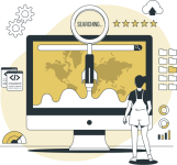 Ilustración de una mujer que observa una pantalla de ordenador donde se observa una búsqueda, una lupa, una valoración positiva de estrellas y otros elementos relacionados con el SEO y la búsqueda en internet