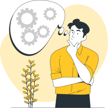 Ilustración de un hombre pensando, se puede observar un bocadillo con engranajes en su interior