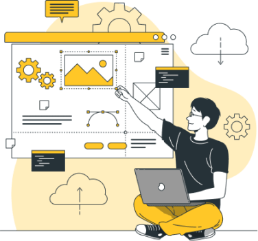 Ilustración de hombre sentado con su pc y arreglando y modificando elementos de una páginas web.