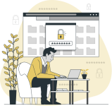 Ilustración de un hombre trajeado en un sillón tecleando su contraseña en su portátil que esta situado en una mesita de café