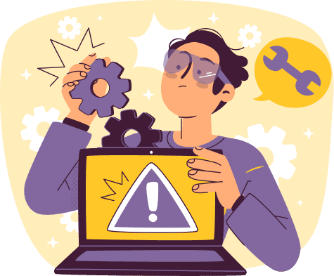 Ilustración de hombre con gafas de protección arreglando un portátil en el que hay una aviso.